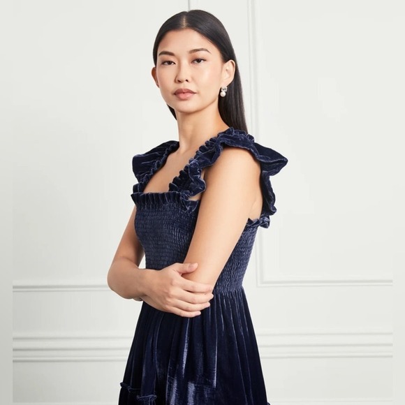 Hill House Navy Velvet Ellie Nap Dress S Holiday Midi Tired Ruched Sleeveless - Picture 2 of 14